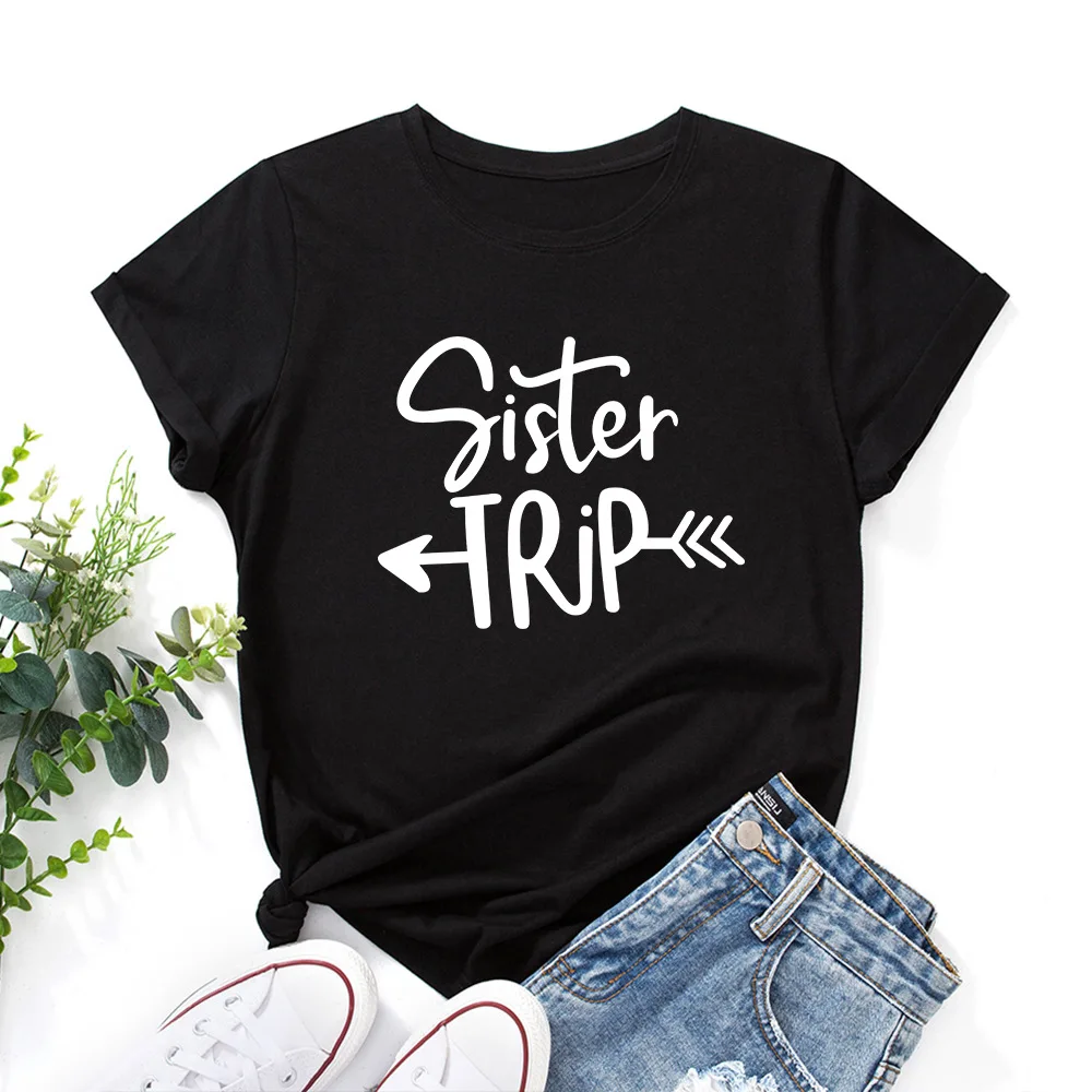 

Sister Road Trip Vacation Travel Graphic Tee Tops Summer Women Short Sleeve Crewneck 100%Cotton T-Shirts Female Oversized Shirts