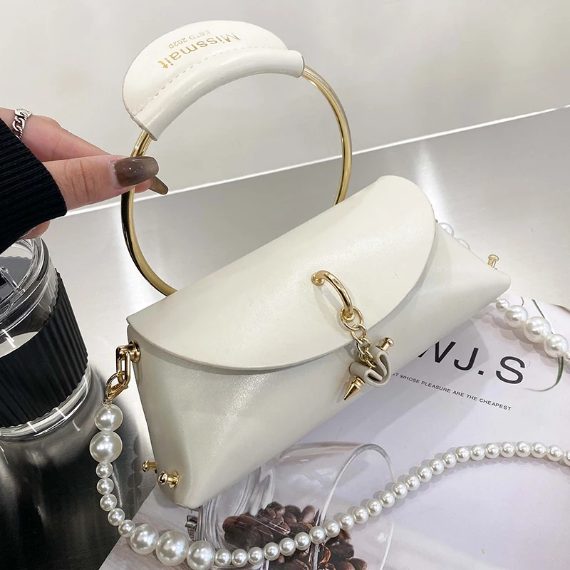 

Luxury Brand Mini Totes with Metal Handle 2021 Winter High-quality PU Leather Women's Handbag Pearl Chain Shoulder Messenger Bag