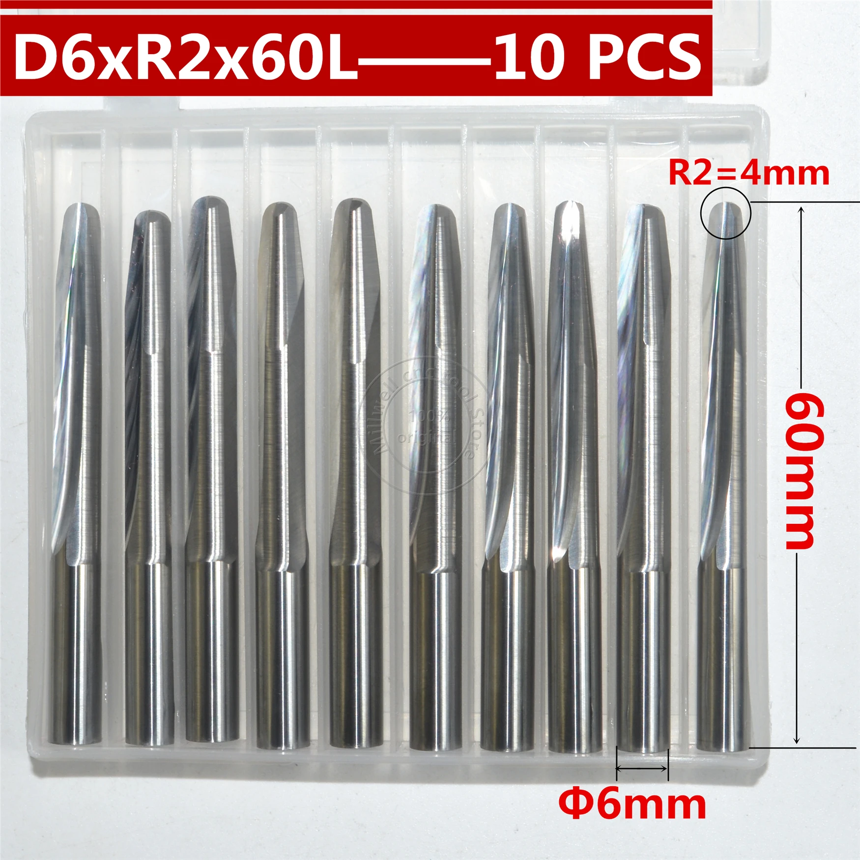10 шт. 6 мм * R2 60L фреза из карбида ЧПУ для вставки деревообработки с коническим