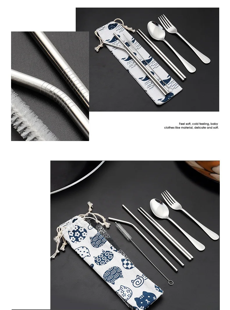 Stainless steel tableware portable set student outdoor travel gift custom straw chopsticks fork spoon cloth bag combination set images - 6