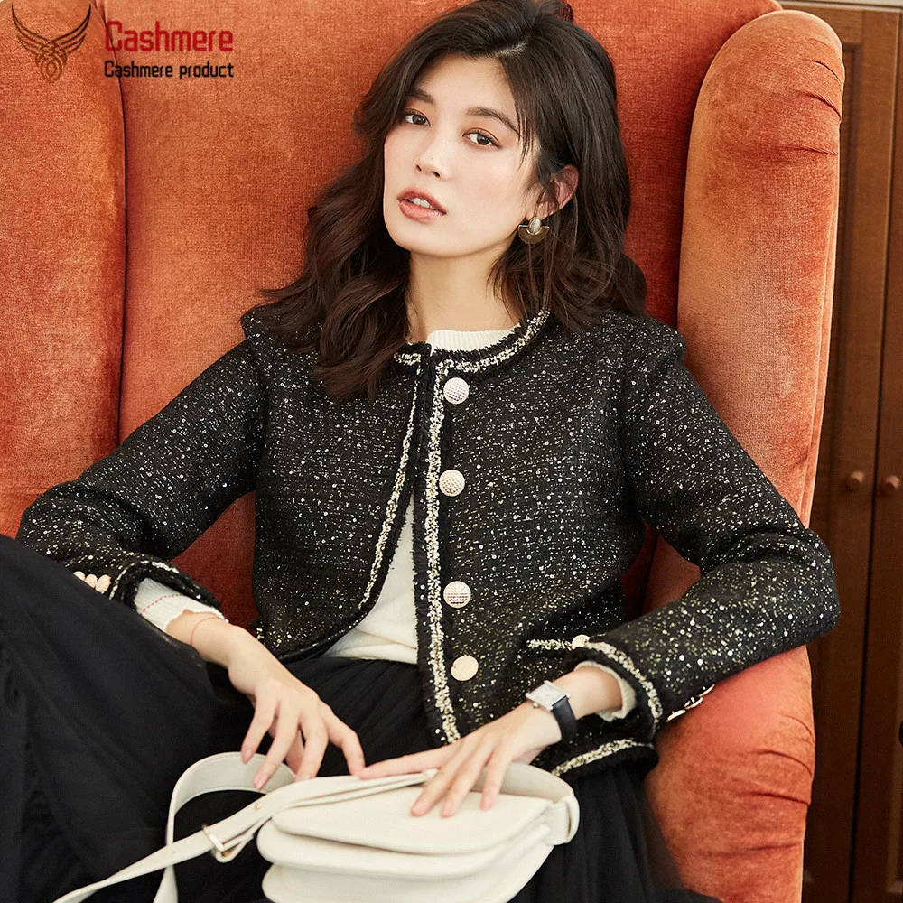 

small Women's jacket short fragrance jacket women 2023 autumn British style round neck black jacket slim tweed jacket women