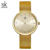 luxury women gold watches creative golden honeycomb design rhinestone elegant lady quartz wristwatch shengke brand casual clock