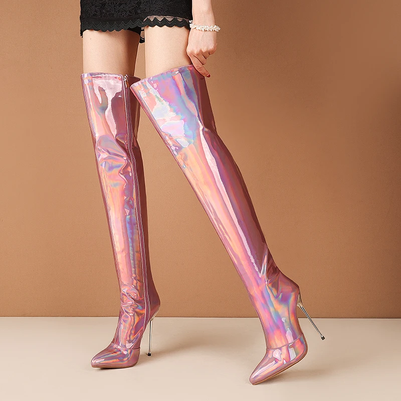 Женские привлекательные блестящие сапоги выше колена Осень-зима красные для