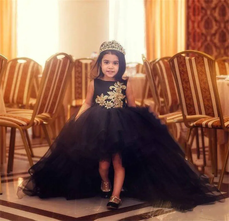 

Black High Low Flower Girls Dresses For Weddings Jewel Neck Backless Gold Lace Appliques Beads Pageant Party Dress