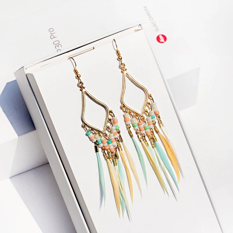 2019 летние богемные Бохо перо Длинные серьги с кисточками для женщин ручной