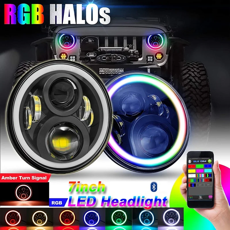 

Цветная (RGB) 7 дюймов Halo светодиодный фары DRL огни на высокоточном оборудовании с дистанционным управлением по Bluetooth Управление для Jeep Wrangler JK ...