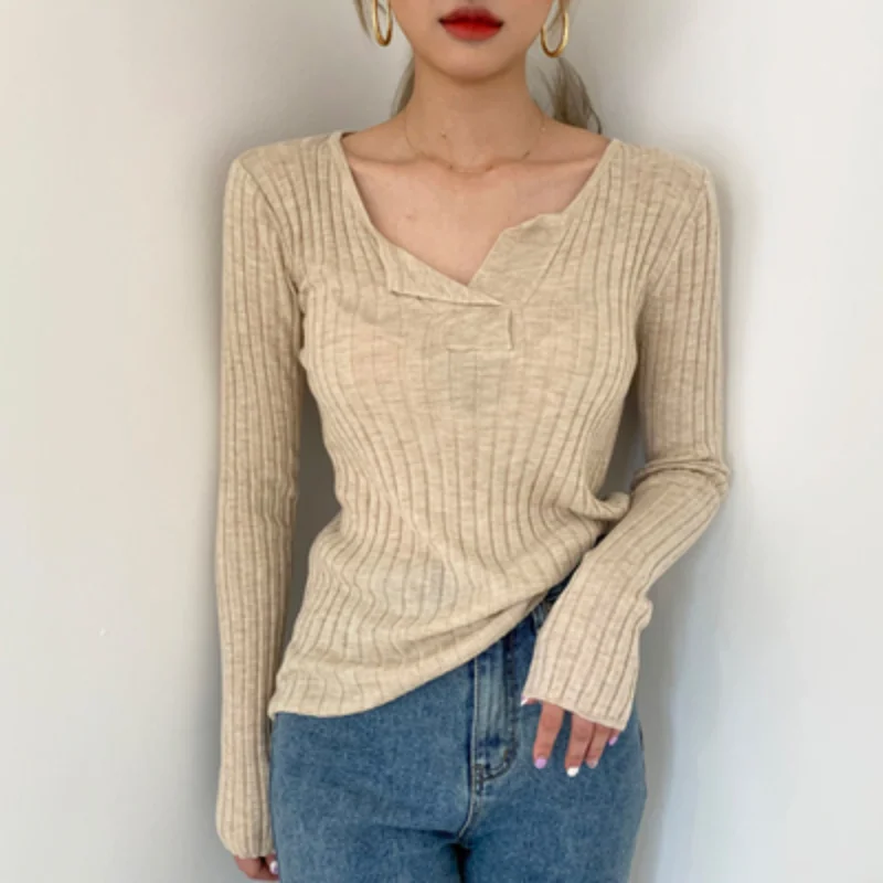 

Sweater Top for Women Chic Fall Temperament Wild Half-Open Collar Expose Clavicle Slim Fit Slimming Inner Bottoming