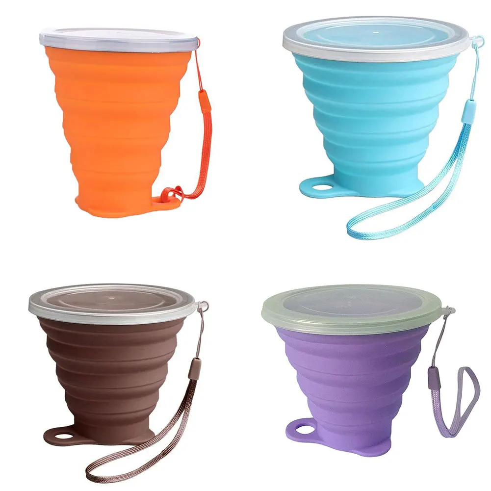 

270 мл силиконовая складная походная чашка, портативные складные походные чашки для кемпинга с крышками, ремешок, расширяемая чашка для пить...
