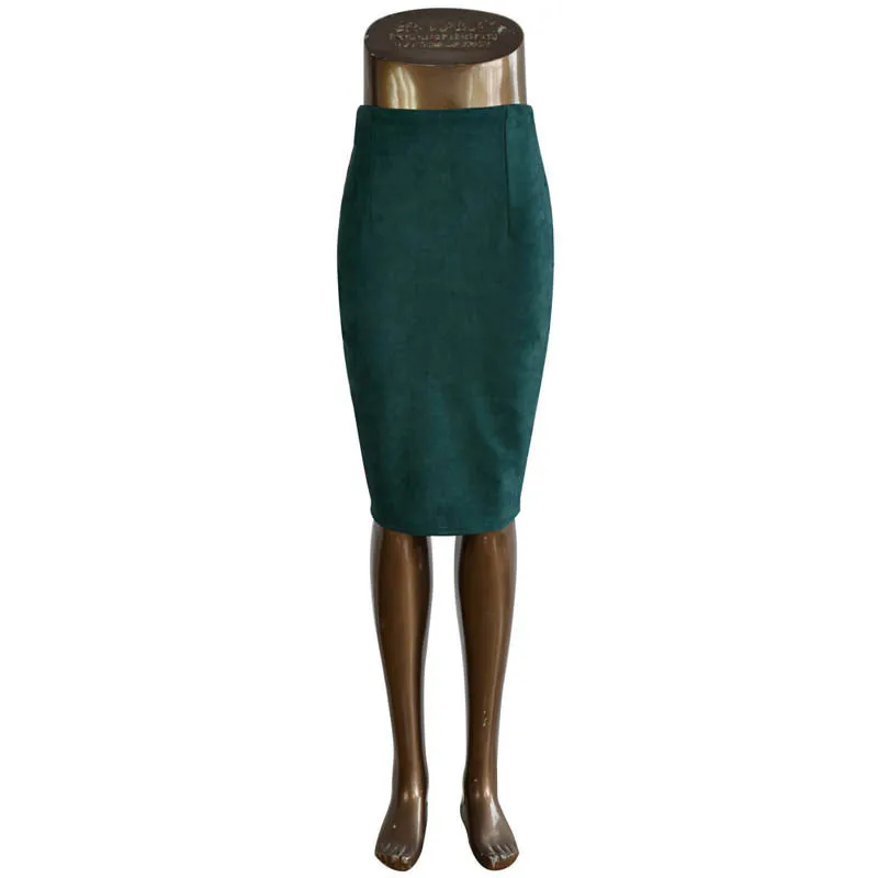 XY01Dark green Весенне-осенняя Однотонная юбка миди с высокой талией повседневная женская элегантная юбка карандаш из искусственной замши Толстая юбка стрейч - Цвет: XY01Dark green