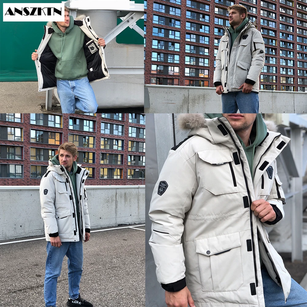 Мужской пуховик с большим воротником из натурального меха теплая парка для