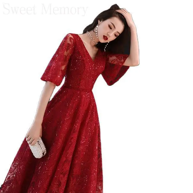 

J2135 Sweet Memory Wine Red Lace Up Plus Size Evening Dresses 2021 Spring Summer Autumn Half Sleeve V-Neck Maternity Party Gown