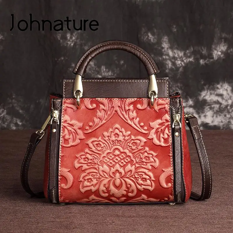 

Johnature Retro Genuine Leather Women Bag 2022 New Leisure Handmade Embossing Nature Cowhide Handbag Shoulder & Crossbody Bags