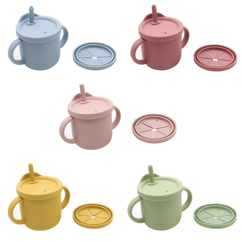 

300ml Portable Baby Silicone Snack Cup Infants Feeding Food Bowl with Double Handle No Spill Snack Container Straw Cup