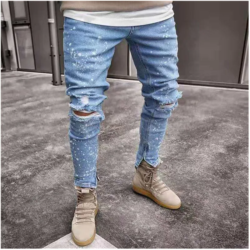 Мужские модные эластичные рваные обтягивающие джинсы разрушенная деним брюки 2019