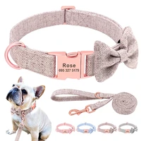 customized dog collar leash set high quality personalized pet collars with bowtie adjustable dogs collars leash free engraving