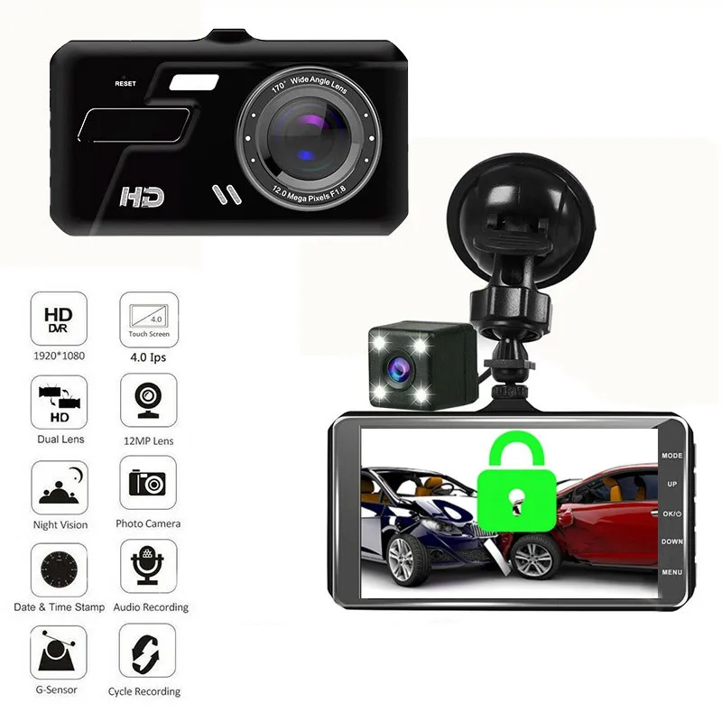 Автомобильный видеорегистратор Full HD 1080P IPS с двумя объективами 4 дюймовым экраном