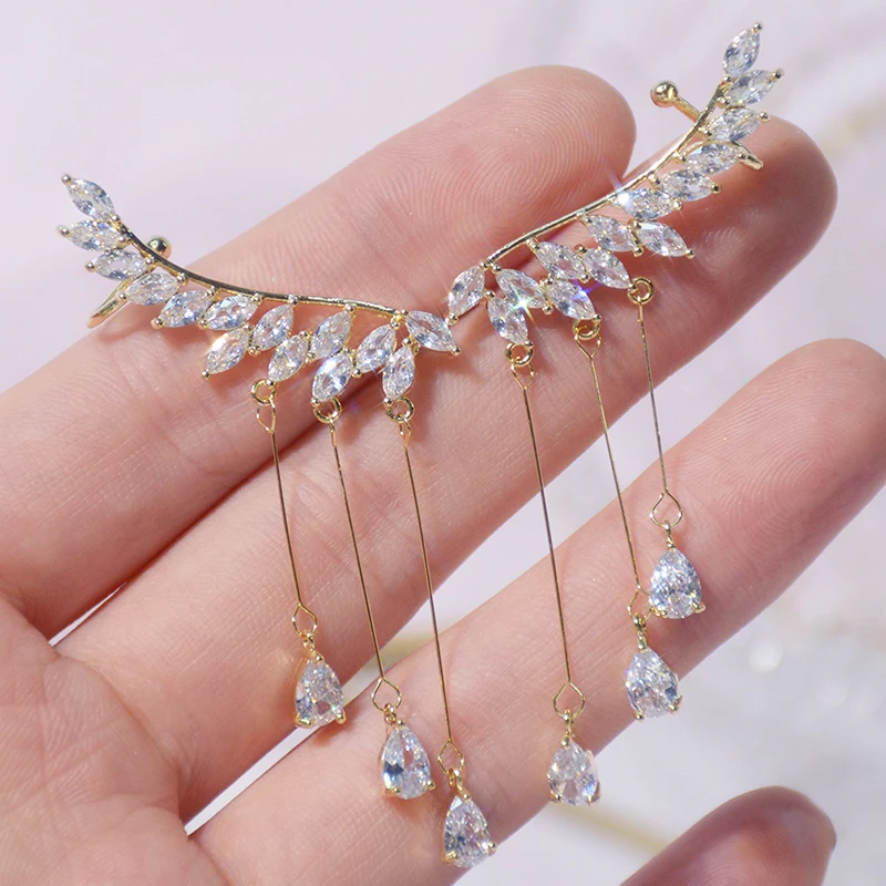 

Trendy Elegant 14K Real Gold Plated Tassel Wings Earrings for Women Top AAA Shiny Zircon S925 Silver Needle Stud Jewelry Gift