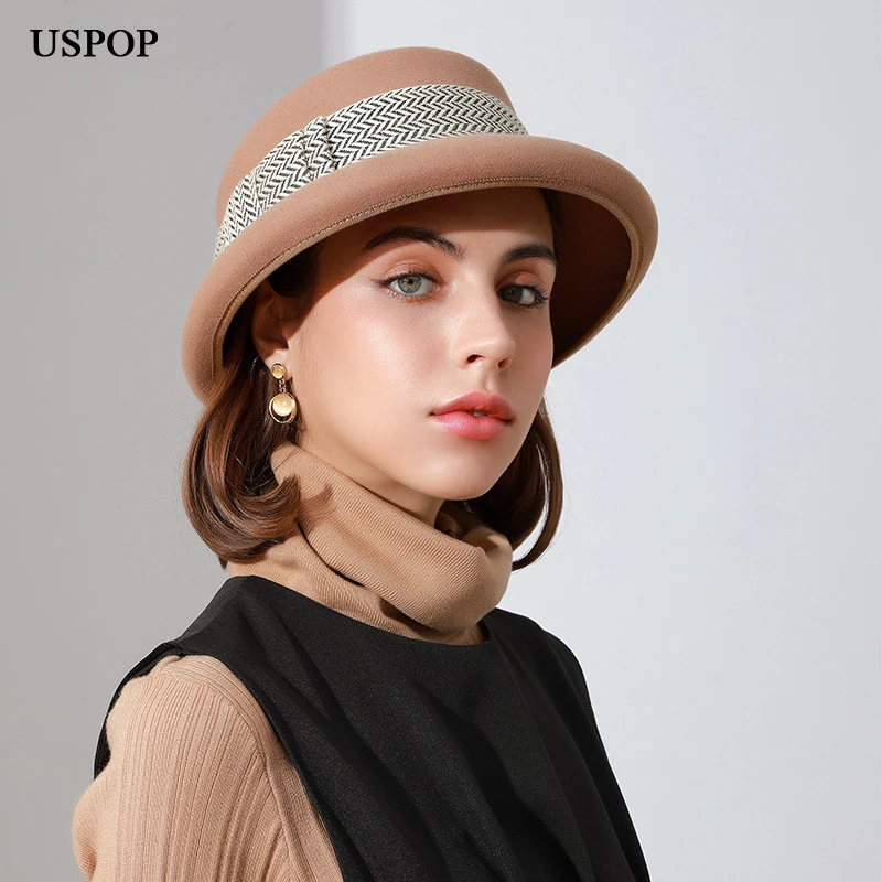 USPOP New 2021 Winter Women Wool Fedoras with Belt 100% Geniue Retro Elegant Wool Hat