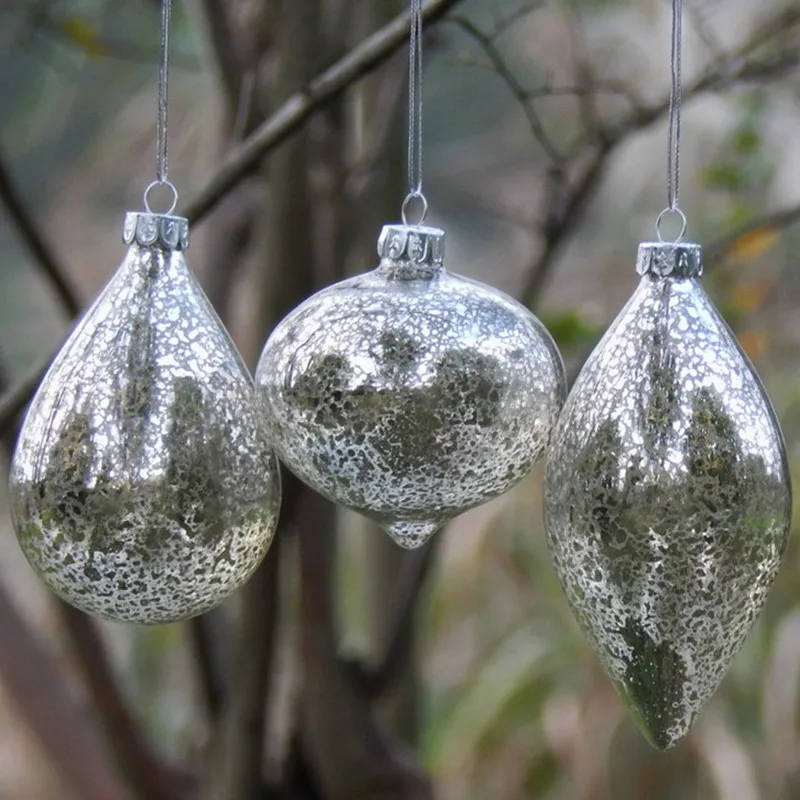 

12 шт./упак. различные формы внутренняя поверхность серебряная стеклянная подвеска Рождественский день декоративная капля лук конус подвесное украшение