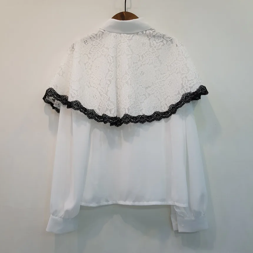 

Comelsexy Ruffles Full Sleeves Hook Flowers 2021 White Sweet Patchwork Lace Brief Shirts Stylish Women Blouses All Match Tops