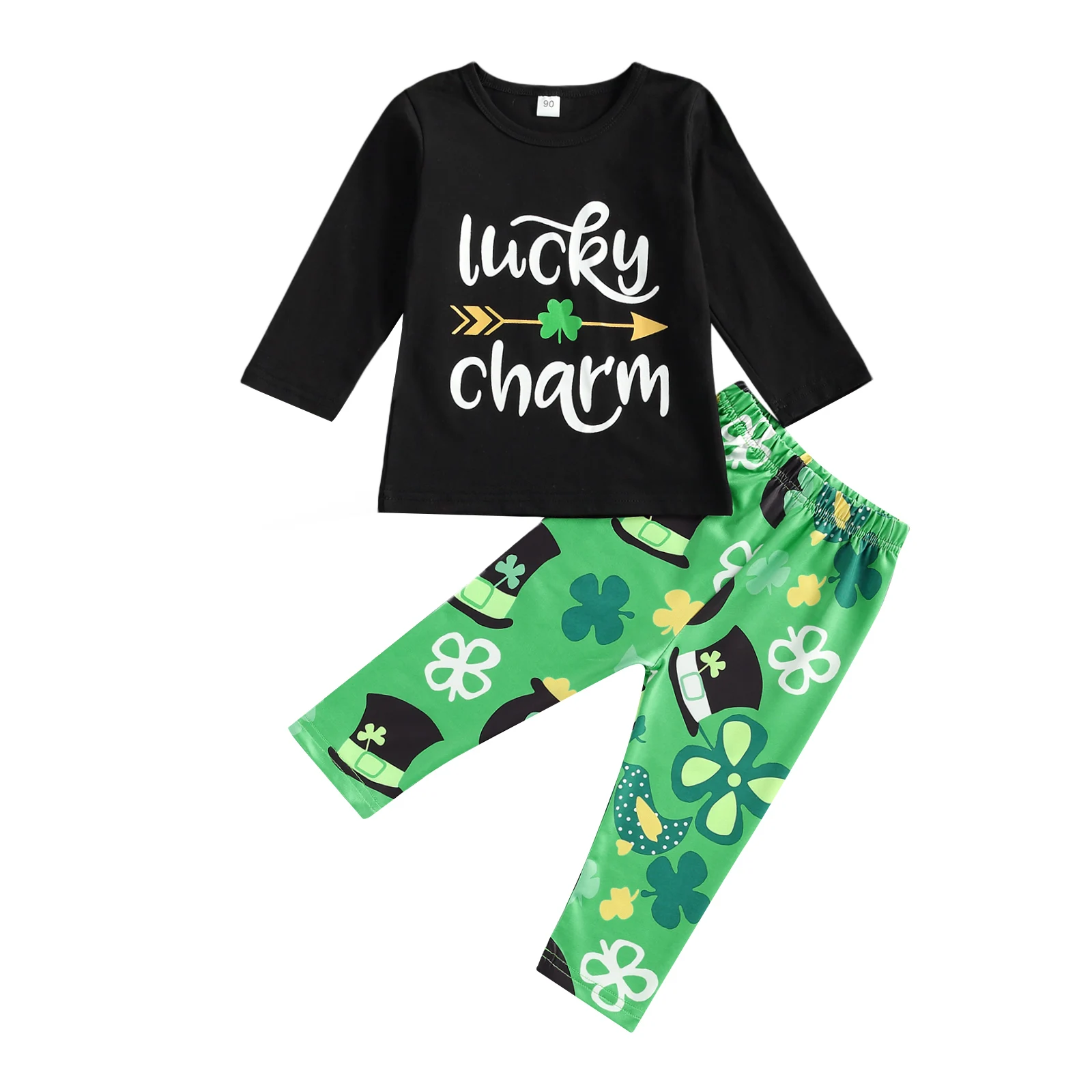 

1-6T Toddlers St. Patrick's Day Outfit, Little Girls Boys Round Collar Long Sleeve Letter Top + Leaf Printing Long Trousers Kit