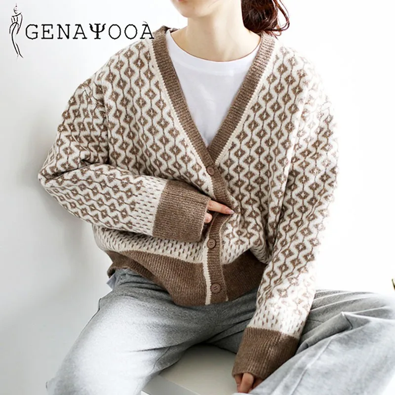 

Genayooa Vintage Argyle Female Cardigans Women Sweater Single Breasted 2020 Autumn Winter Korean Style Knit Ladies Cardigans