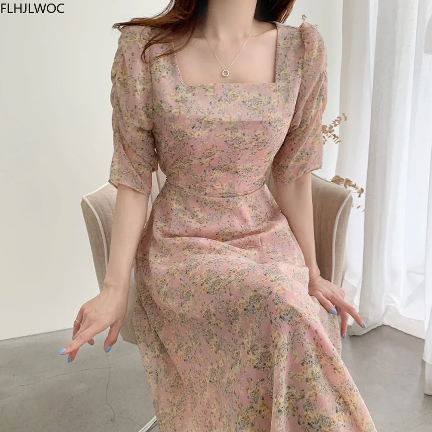 Korean Chic Dress Elegant Office Lady Temperament New 2020 Floral Print Square Collar A Line Retro Vintage Green Vestidos | Женская