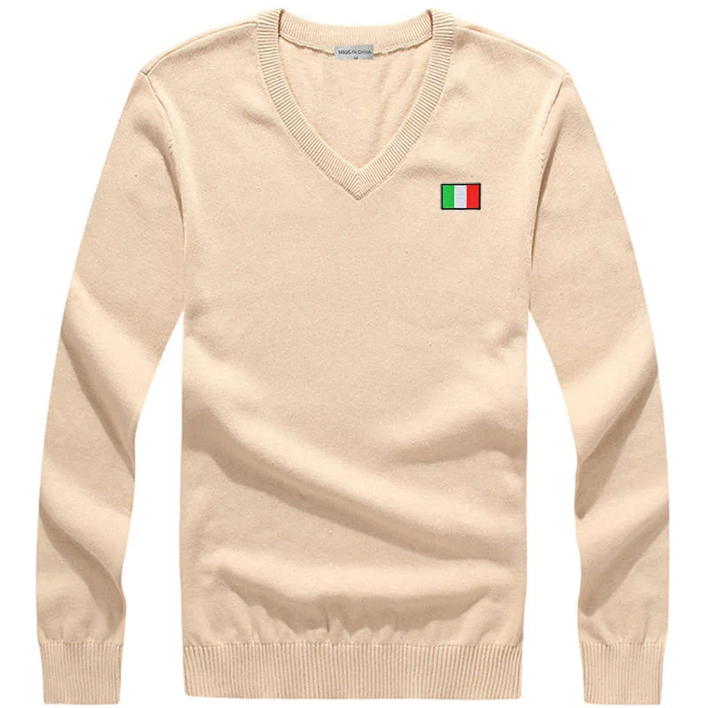 

Autumn/Winter Men's Long Sleeve V-Neck Pullover 100% Cotton Knitted Sweater Polo Shirt Solid Color Knitted Embroidered Top