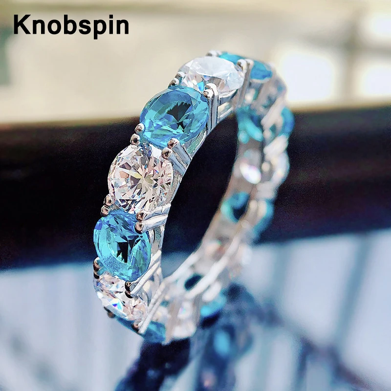 

Knobspin 100% 925 Стерлинговое Серебро Круглый вырез Аквамарин создан муассанит обручальное кольцо вечерние Модные кольца для женщин, хорошее юве...