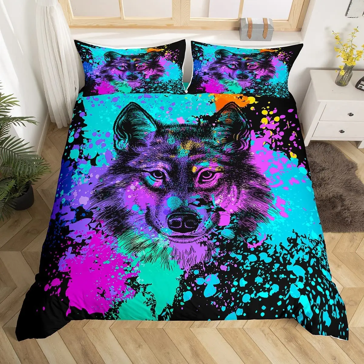 

Erosebridal Wolf Bedding Set Twin Size Tie Dye Duvet Cover Safari Animals Print Comforter Cover for Kids Boys Juvenile