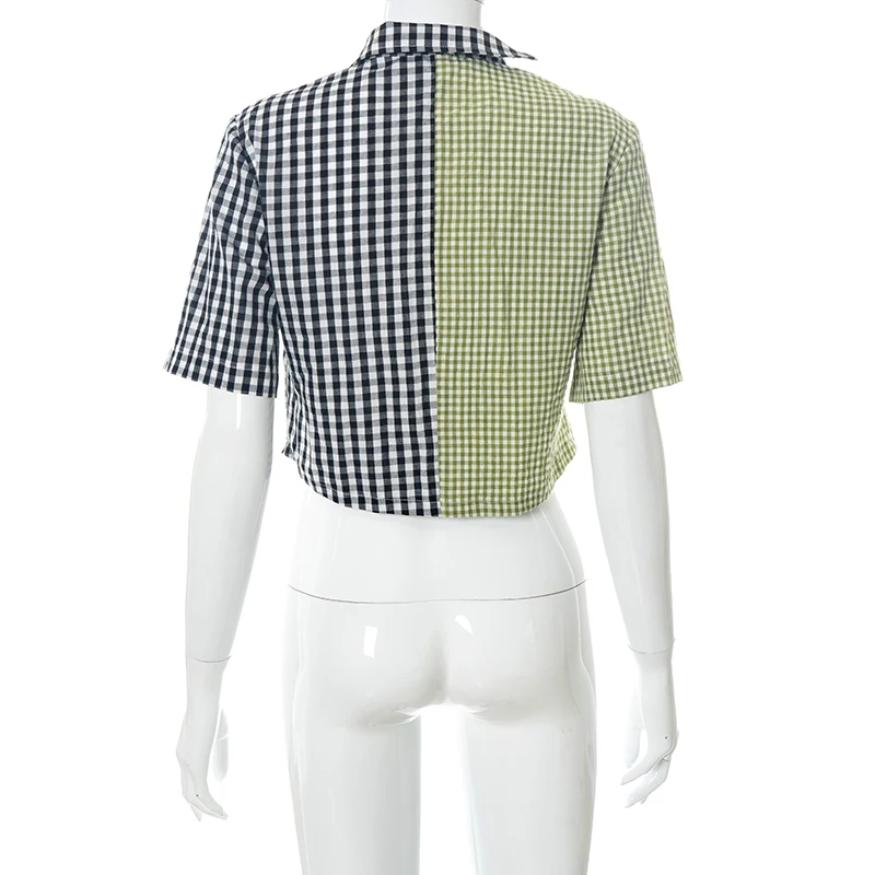

Bomblook Casual Fashion Women's Patchwork Y2K Tops Summer 2021 Plaid Short Sleeve Button Irregularity Tops Female Streetwears
