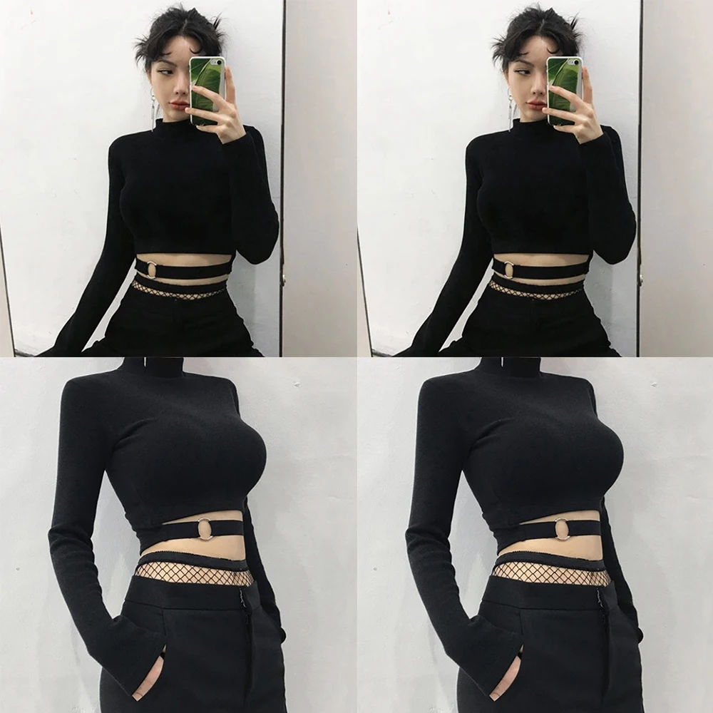 Женская облегающая короткая футболка сексуальная Облегающая водолазка с