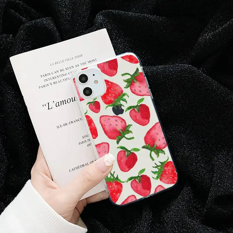 

Pink strawberry cartoon fruit art Phone Case Transparent for iPhone 6 7 8 11 12 s mini pro X XS XR MAX Plus cover funda shell