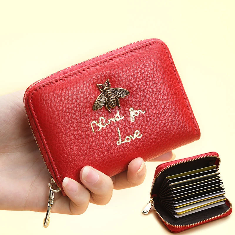 

PU Leather Card Holder Holds 14 Credit Cards Women Wallets Red Black Small Mini Coin Purse Zipper Handbag New 2021