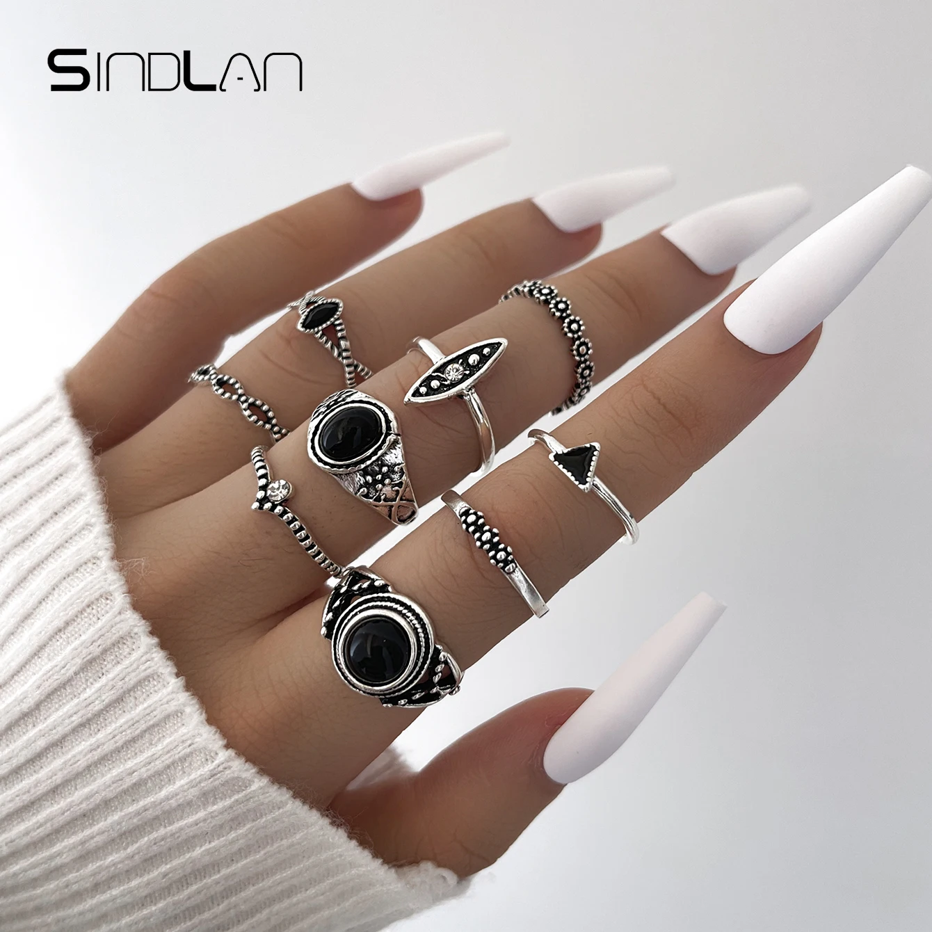 

Sindlan 9Pcs Vintage Silver Color Rings for Women Punk Geometric Set Stranger Things Female 2021 Fashion Jewelry Anillos Bijoux
