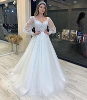 wedding dress gorgeous long sleeve a line puff sleeve sweep train backless bridal gowns lace beaded gorgeous robe de mariee
