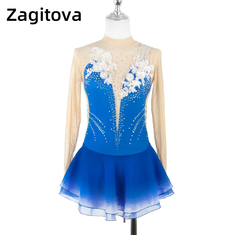 

Sapphire Blue Figure Skating Dress Small White Flower Long Sleeve Deep V-neck Ice Skating Suit The Gradient Color Rhinestone