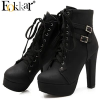 eokkar lace up ankle boots for women platform chunky high heeled gothic black ankle booties women shoes zipper buckle punk boots