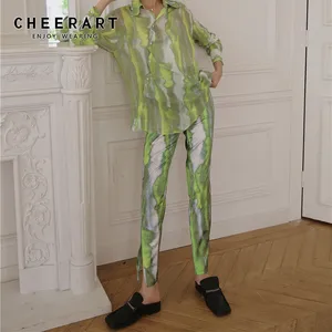 Брюки CHEERART женские с разрезом на подоле, зеленые шелковые прямые штаны из вискозы, с завышенной талией, уличная мода, осень 2020