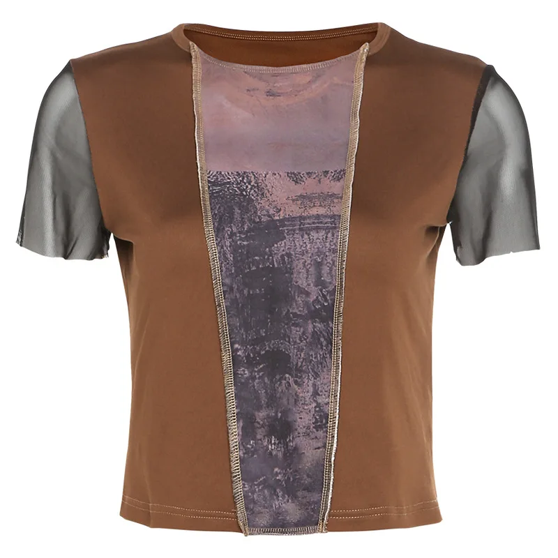

Women Slim Short-sleeved T-shirt Brown Patchwork Open Navel Streetwear Tee Contrast Round Neck Short Sleeve Casual Fashion Tops