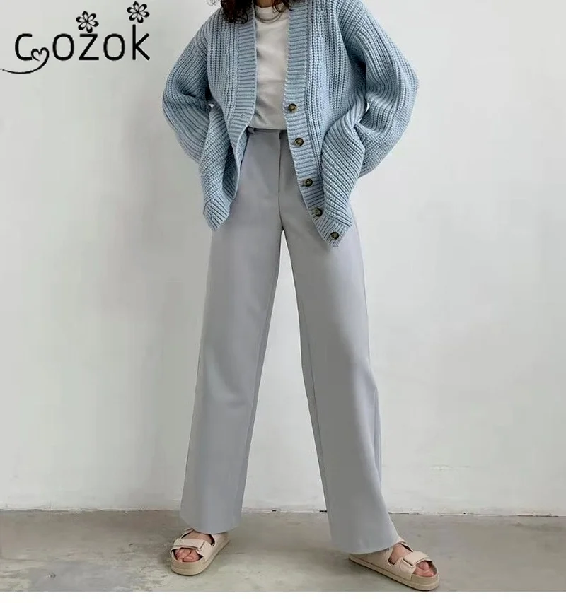 

Осенне-зимний женский кардиган с V-образным вырезом, свободный однобортный Повседневный синий свитер в простом стиле, Женский вязаный свите...