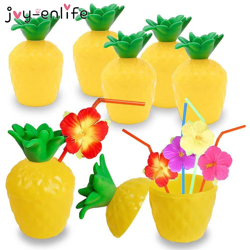 

6pcs Summer Tropical Pineapple Coconut Drinking Cup Hibiscus Flower Straws Hawaiian Luau Birthday Beach Pool Party Decorations