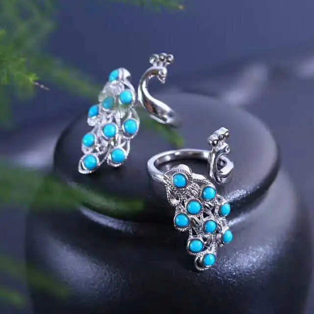 Кольцо с павлином и бирюзой серебро 925 пробы|Кольца| |