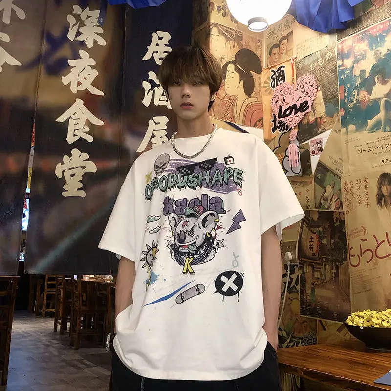 

Short-sleeved t-shirt men's summer new oversize cartoon printing trend ins student Unisex loose Ulzzang Fashion trend couple top