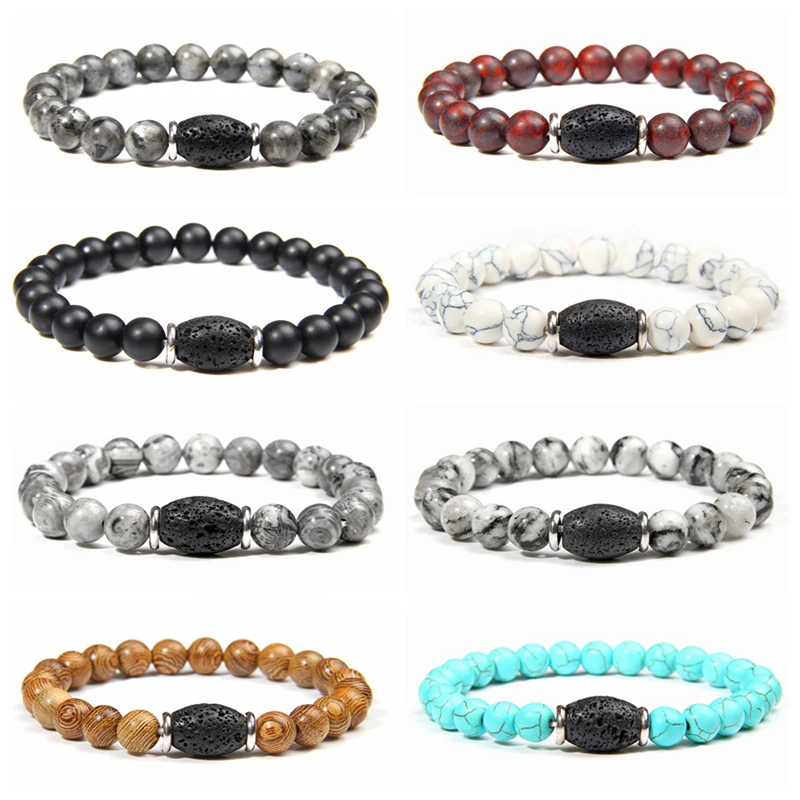 Мужской браслет из черной лавы вулканического камня Новые красочные полосатые