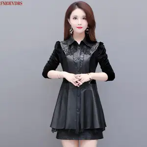 Женские весенне-зимние базовые рубашки в европейском стиле из искусственной кожи, элегантная прозрачная сетчатая Черная Кружевная туника с баской на животе