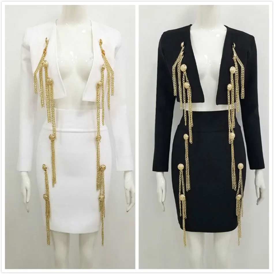

Free Shipping Top Quality Sexy Long Sleeve Black White Chain Two Piece Bodycon Bandage Dress 2020 Designer Fashion Party Dresses