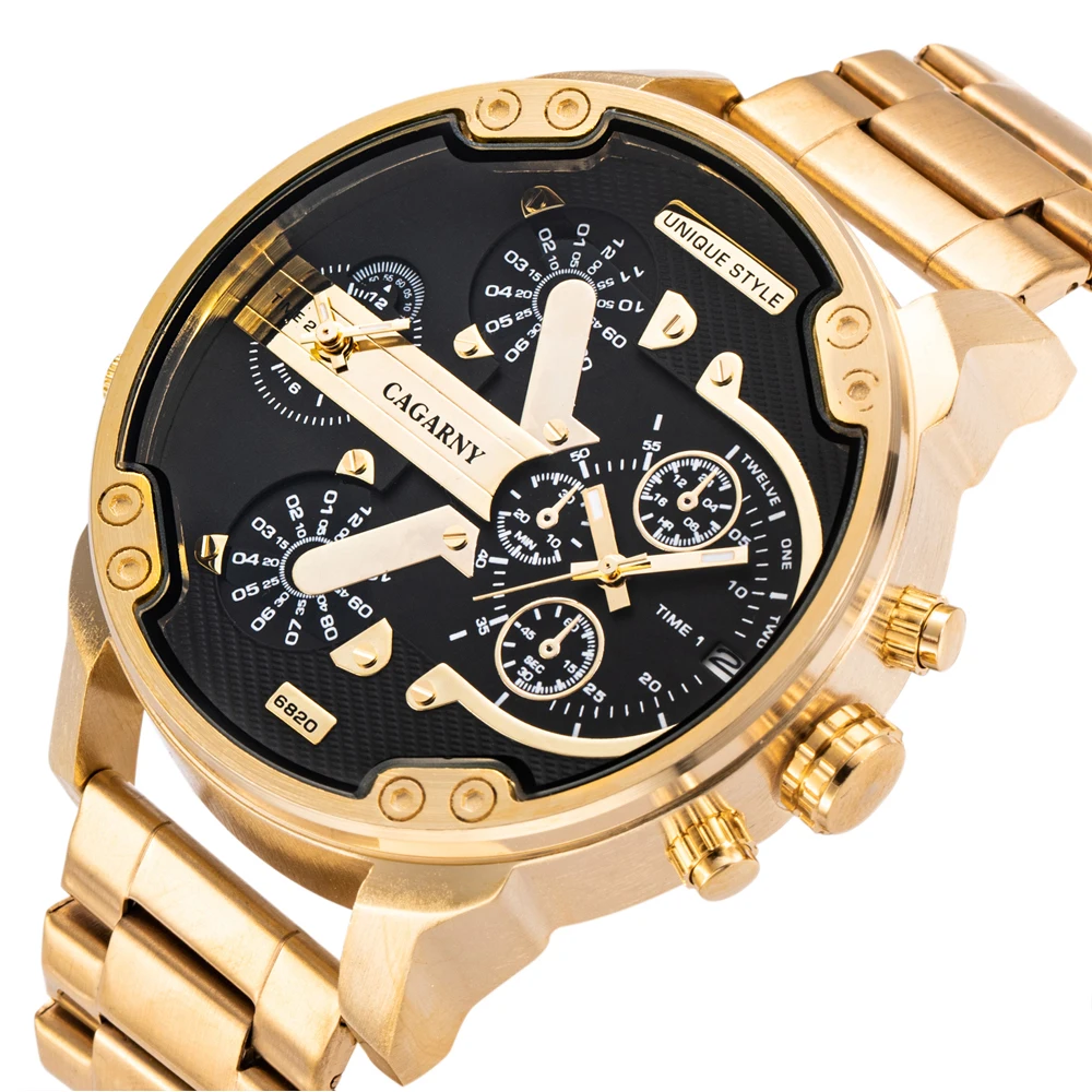 hot fashion mens watches top brand luxury cagarny dual display military relogio masculino gold steel quartz watch men male clock free global shipping