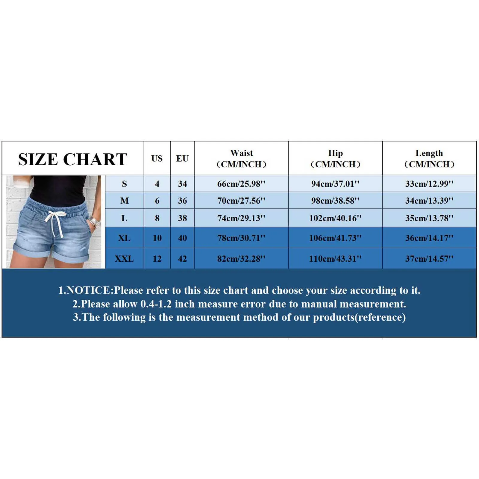 

Vintage Elestic Drawstring Pockets Shorts Women's Fashion High Waist Denim Shorts Blue Jeans Ripped Casual Pant