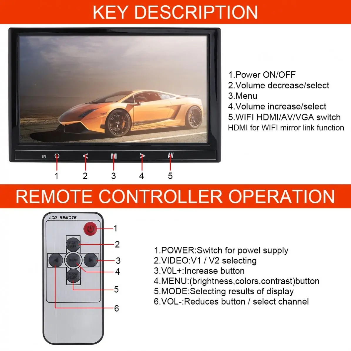 9 Inch HD IPS 1024*600 TFT LCD Color Multifunction Car Headrest Monitor HDMI / VGA AV Wireless Mobile Phone Mirror Link | Автомобили и